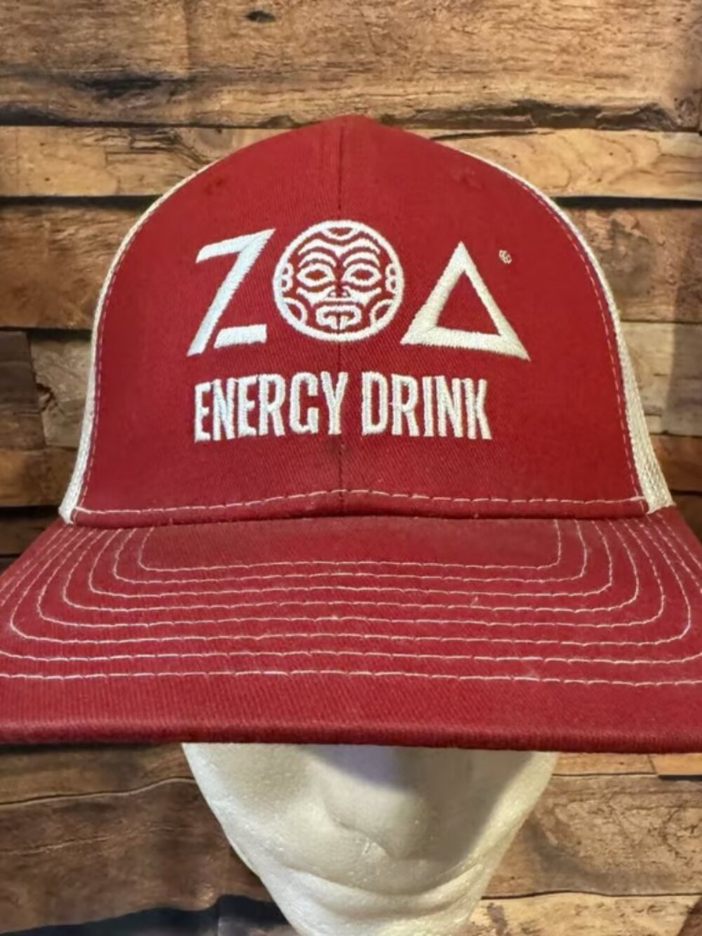 ZOA Energy Drink Trucker Hat Cap Red White Snapback Promo Incentive Brands Mesh